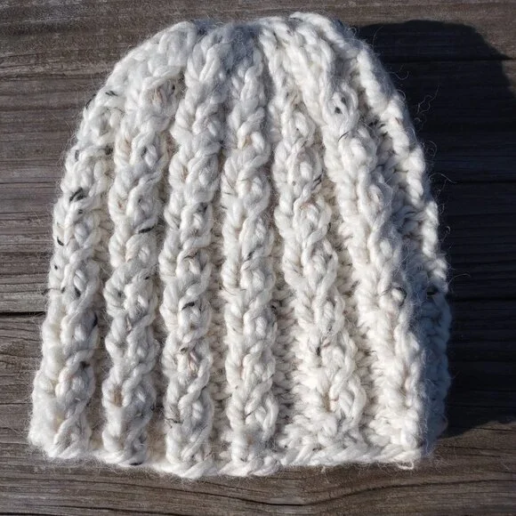 Alpaca Beanie Skully Hat Men Thick Chunky Hand Knit Wool Rib Biscotti White M-L - Picture 7 of 9